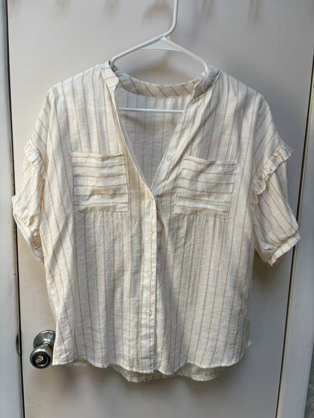 Women Linen Blend Striped V Neck Button Up Shirt Ruffle Sleeve Boho Top Blouse M